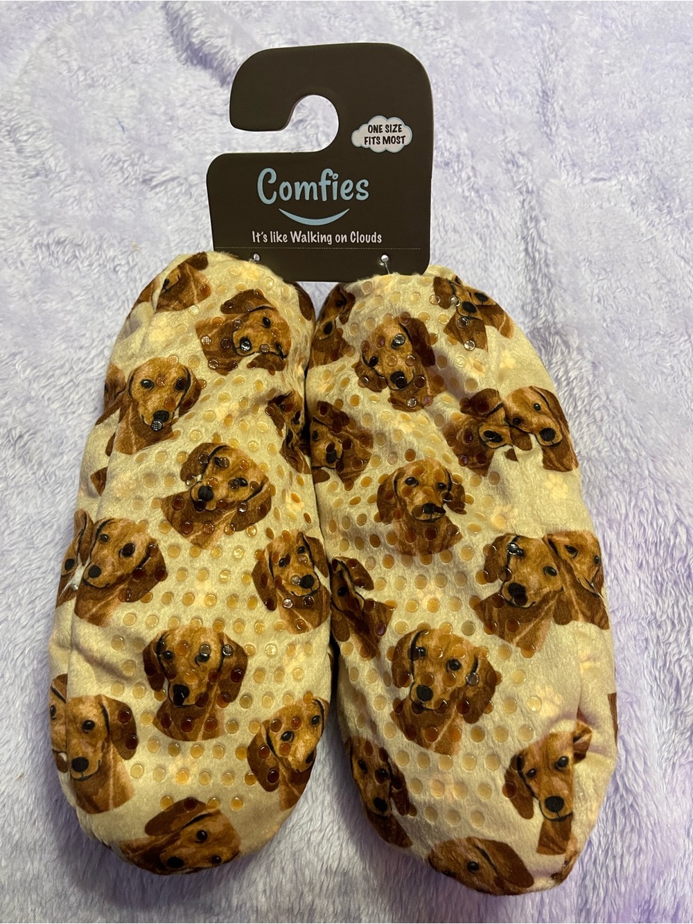 Cozy Cream/brown Plush Comfies Slippers with Dachsunds !  Up to size 9 NWT! - Picture 3 of 4
